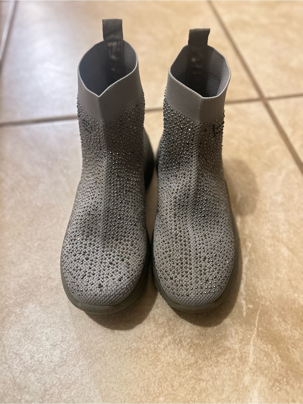 Bebe Gray Rhinestone Sock Sneakers | Slip-On Knit Fashion Sneakers